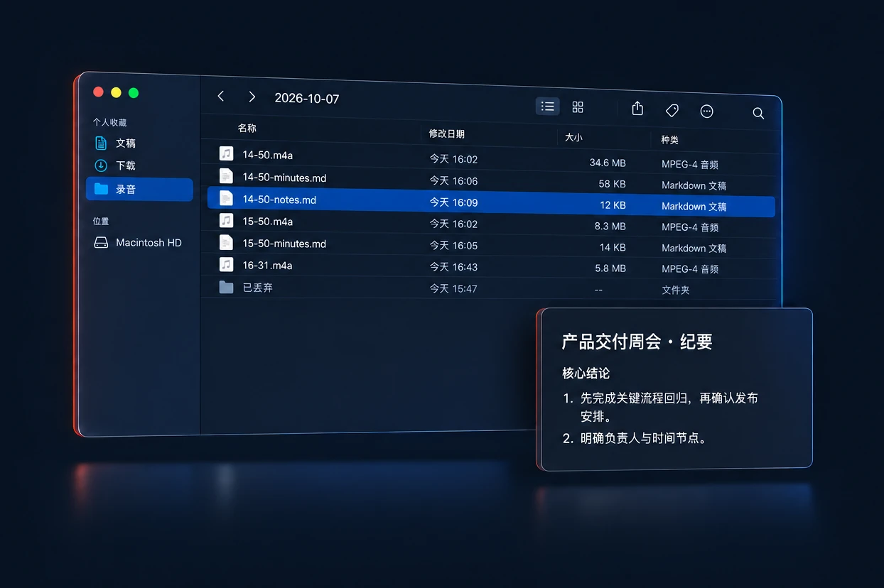 访达里的录音文件夹：同一场谈话的录音、文字稿与纪要放在一起