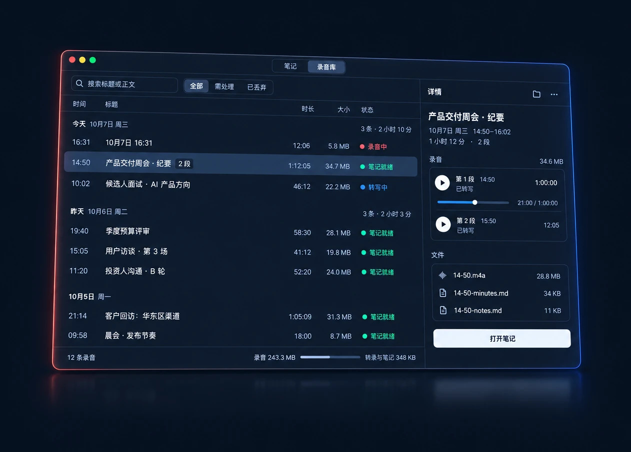 录音库：按日期排开的每一场谈话，右侧是选中谈话的分段回放与文件